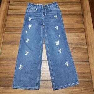 Beautees Girls Denim Wide Leg Jeans w/ White Embroidered Flowers - Size 7